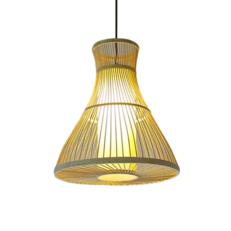 Asian Bamboo Tearoom Pendant Light - Funnel Shape Urn Design Single-Bulb Beige