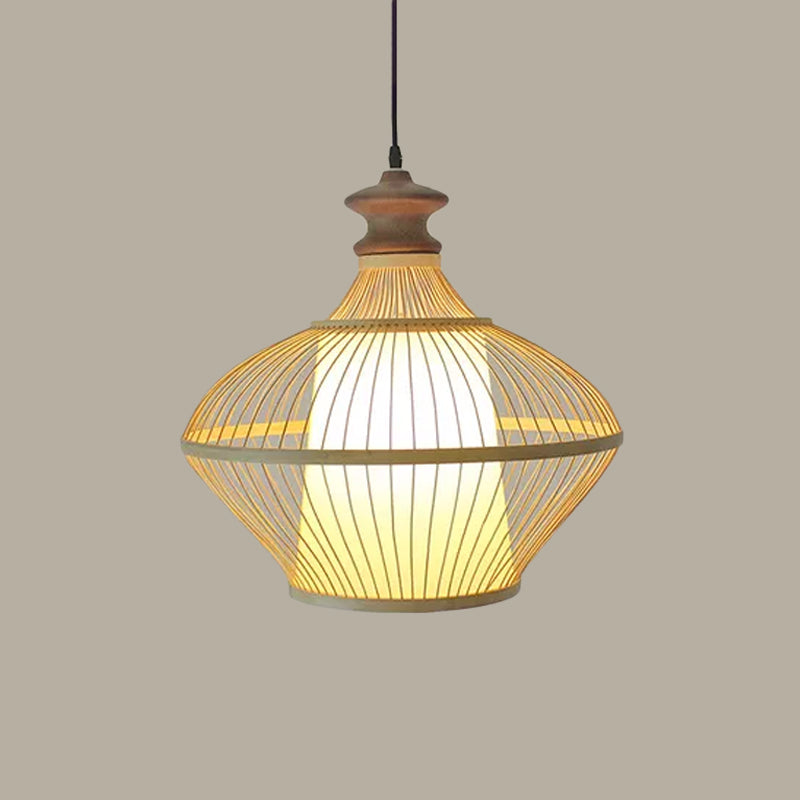 Asian Bamboo Tearoom Pendant Light - Funnel Shape Urn Design Single-Bulb Beige