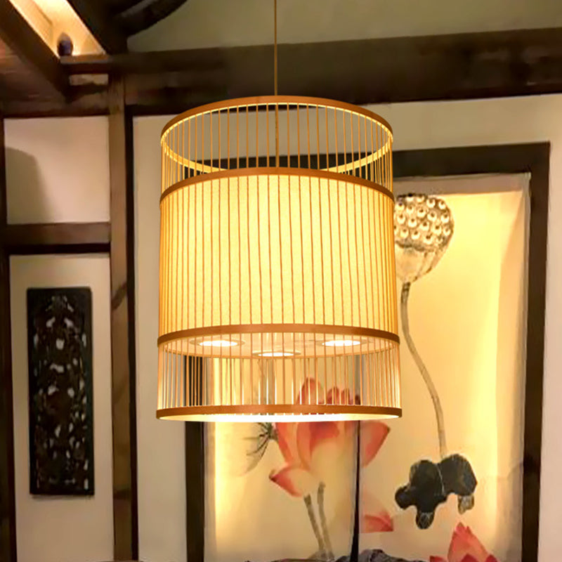 Contemporary Beige Suspension Pendant - Bamboo Ceiling Hang Lamp For Restaurants
