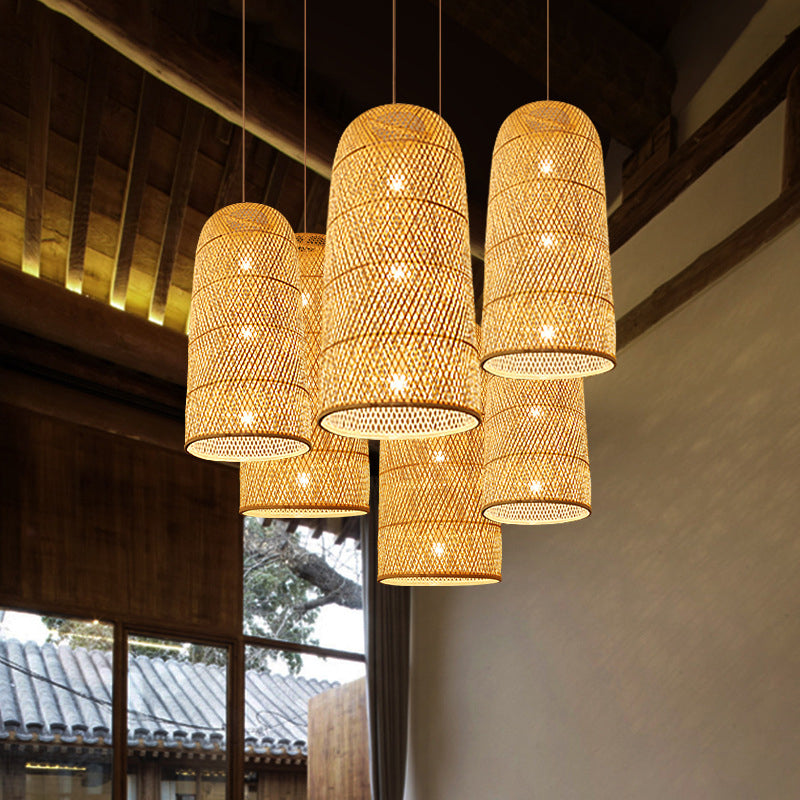 Bamboo Pendant Lamp: Bell/Bowl/Bottle Criss-Cross Woven Asian Hallway Drop Beige / A