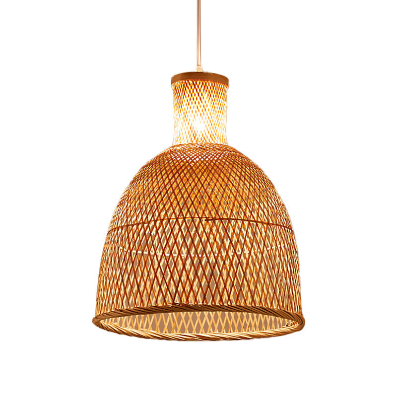 Criss-Cross Woven Bamboo Asian Pendant Lamp - Beige Color / D