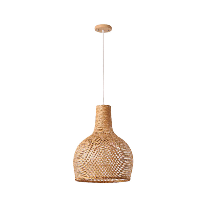 1-Head Asian Beige Bamboo Pendant Light With Bowl/Jar/Cloche Shade - Bistro Pendulum Design