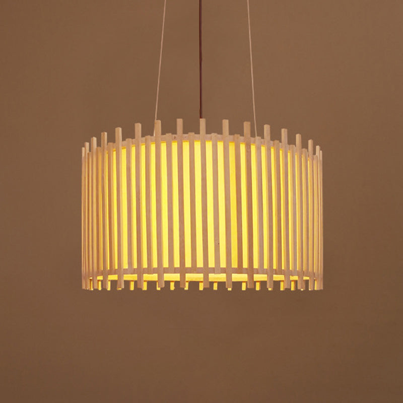 Bamboo Drum Suspension Light - Contemporary Ceiling Pendant In Beige 1 Bulb Wide Design