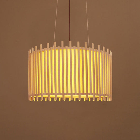 Bamboo Drum Suspension Light - Contemporary Ceiling Pendant In Beige 1 Bulb Wide Design