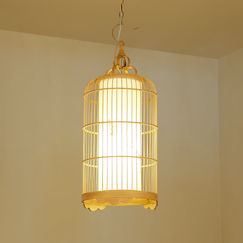 Bamboo Birdcage Dining Room Pendant Light In Beige - 9.5’/14’/16’ Wide Asian Style 1-Light Fixture