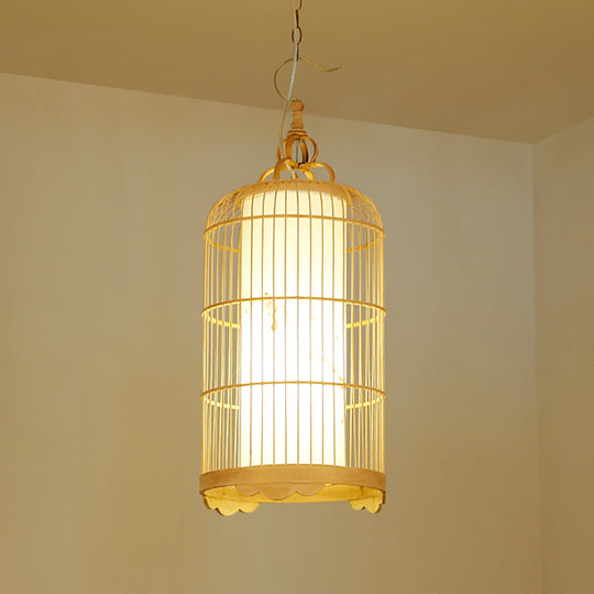 Bamboo Birdcage Dining Room Pendant Light In Beige - 9.5’/14’/16’ Wide Asian Style 1-Light Fixture