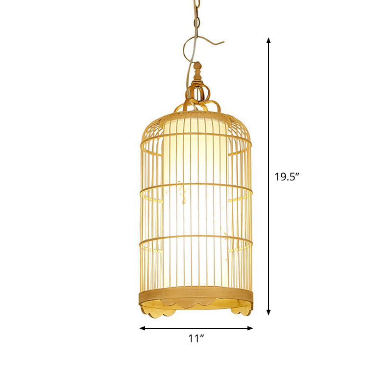 Bamboo Birdcage Dining Room Pendant Light In Beige - 9.5’/14’/16’ Wide Asian Style 1-Light Fixture