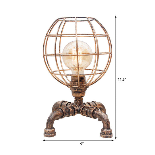 Metal Ball Cage Table Lamp With Pipe-Like Base - Industrial Style Mini Light Antique Bronze Finish 1