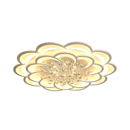 Modern Floral Girls Bedroom Led Flush Ceiling Light With Crystal Ball Drop In White - 20.5/31.5/47