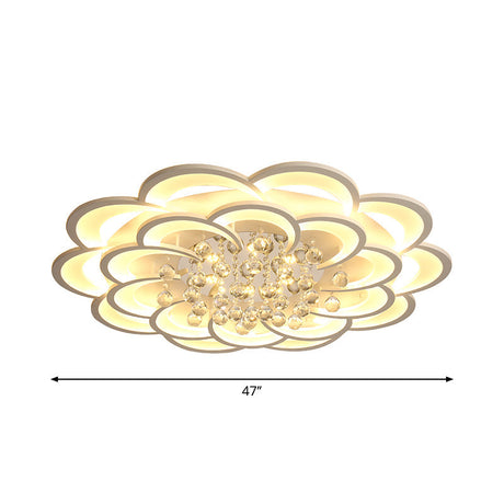 Modern Floral Girls Bedroom Led Flush Ceiling Light With Crystal Ball Drop In White - 20.5/31.5/47