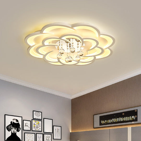 Modern Floral Girls Bedroom Led Flush Ceiling Light With Crystal Ball Drop In White -