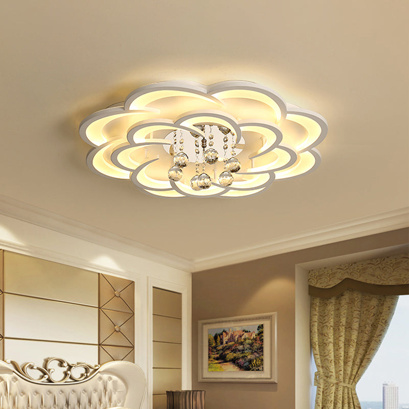 Modern Floral Girls Bedroom Led Flush Ceiling Light With Crystal Ball Drop In White - 20.5/31.5/47