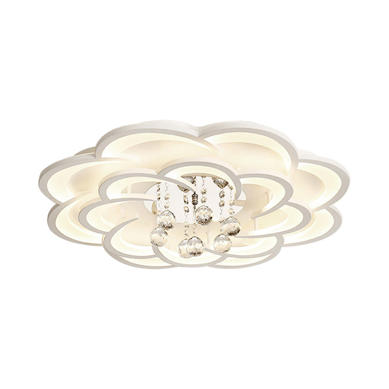 Modern Floral Girls Bedroom Led Flush Ceiling Light With Crystal Ball Drop In White - 20.5/31.5/47