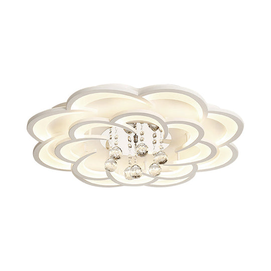 Modern Floral Girls Bedroom Led Flush Ceiling Light With Crystal Ball Drop In White - 20.5/31.5/47
