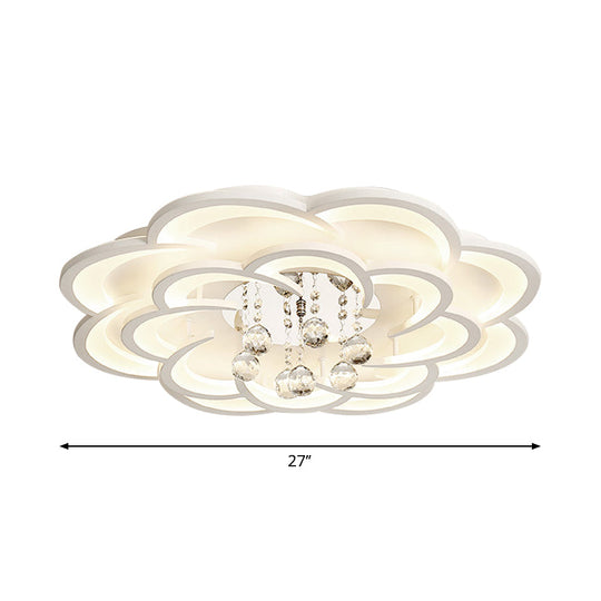 Modern Floral Girls Bedroom Led Flush Ceiling Light With Crystal Ball Drop In White - 20.5/31.5/47