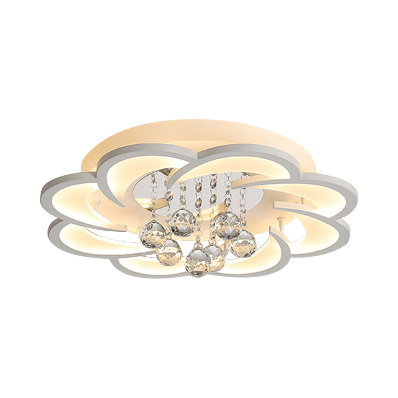 Modern Floral Girls Bedroom Led Flush Ceiling Light With Crystal Ball Drop In White - 20.5/31.5/47