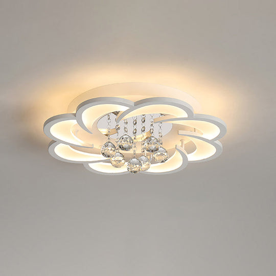 Modern Floral Girls Bedroom Led Flush Ceiling Light With Crystal Ball Drop In White -