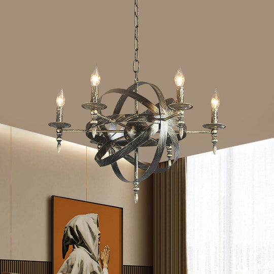 Metallic Chandelier With Spherical Cage Shade - Vintage 6/8 Head Ceiling Light For Restaurants In