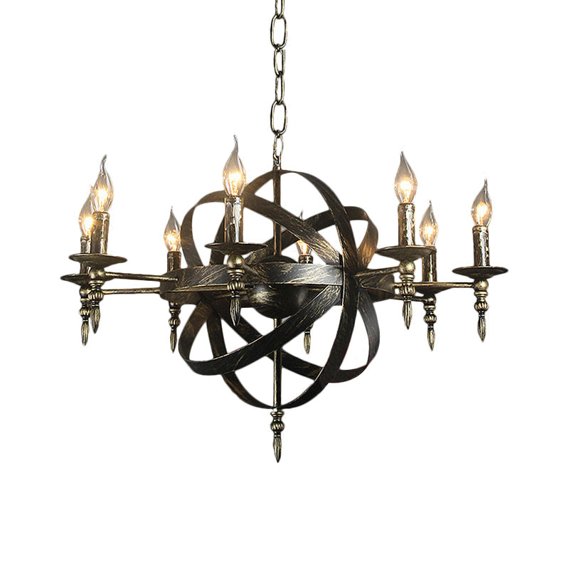 Metallic Chandelier With Spherical Cage Shade - Vintage 6/8 Head Ceiling Light For Restaurants In