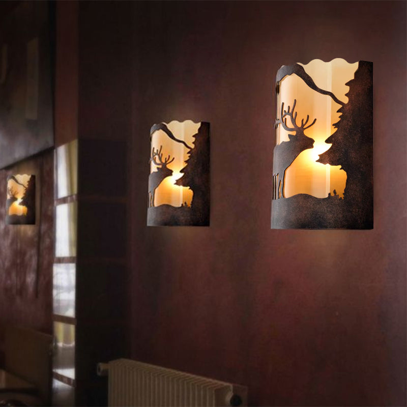 Rust One Light Retro Metal Sconce With Unique Tree/Elk Pattern Stylish Half Cylinder Lighting