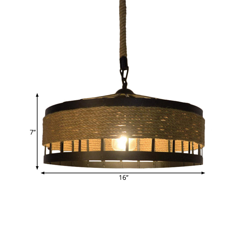 Hemp Rope Drum Pendant Light Country Style 12’/16’ Wide 1-Head Restaurant Hanging Lamp Beige