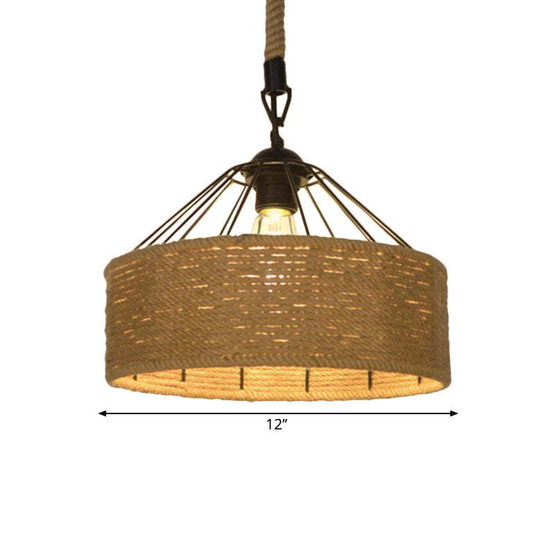 Hemp Rope Drum Pendant Light Country Style 12’/16’ Wide 1-Head Restaurant Hanging Lamp Beige