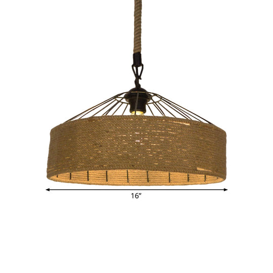 Hemp Rope Drum Suspended Light - Country Style Hanging Lamp (12/16) Beige