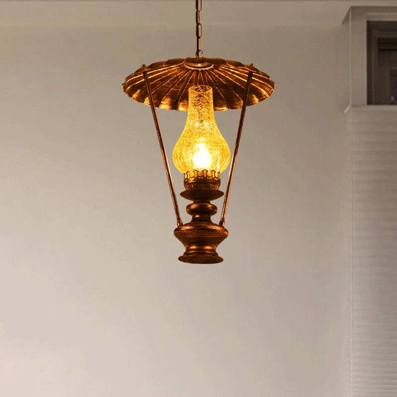 Industrial Lantern Crackle Glass Ceiling Pendant Light For Living Room - 1 Hanging