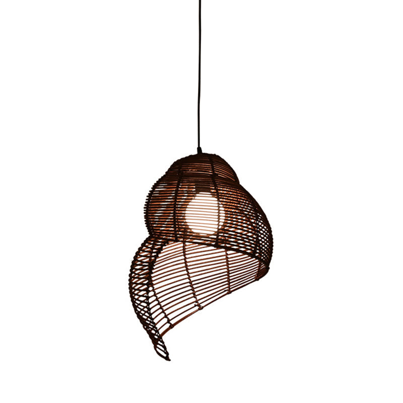 Coastal Single-Bulb Rattan Pendant Light Kit - Spiral Shell Shaped Coffee/Beige 10’/12’/14’ Wide