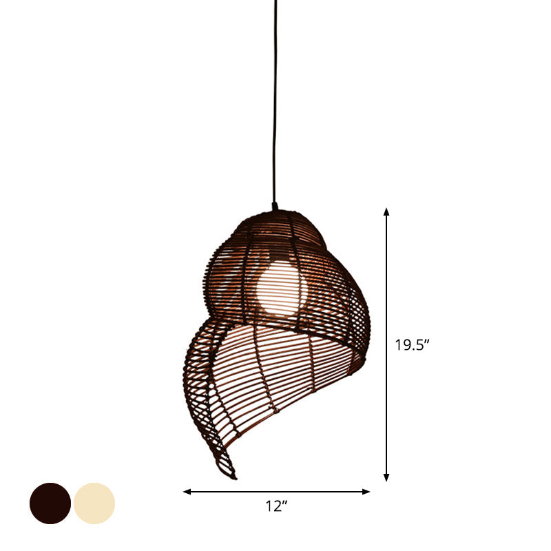 Coastal Single-Bulb Rattan Pendant Light Kit - Spiral Shell Shaped Coffee/Beige 10’/12’/14’ Wide