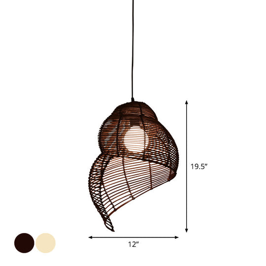 Coastal Single-Bulb Rattan Pendant Light Kit - Spiral Shell Shaped Coffee/Beige 10’/12’/14’ Wide