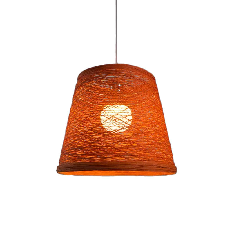 Modern Tapered Drum Rattan Pendant Lamp | Black/Red/Pink 1 Head Ceiling Hang Light For Dining Table