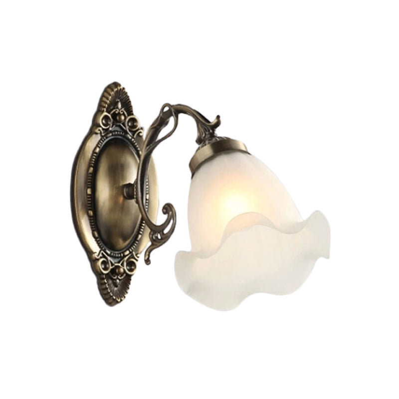 Frosted Glass Wall Lamp In Countryside Bronze: Elegant Flower Design For Living Room Lighting