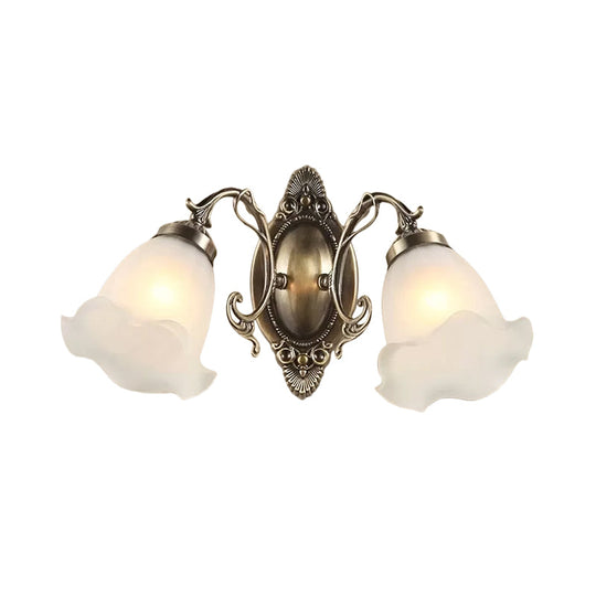 Frosted Glass Wall Lamp In Countryside Bronze: Elegant Flower Design For Living Room Lighting 2 /