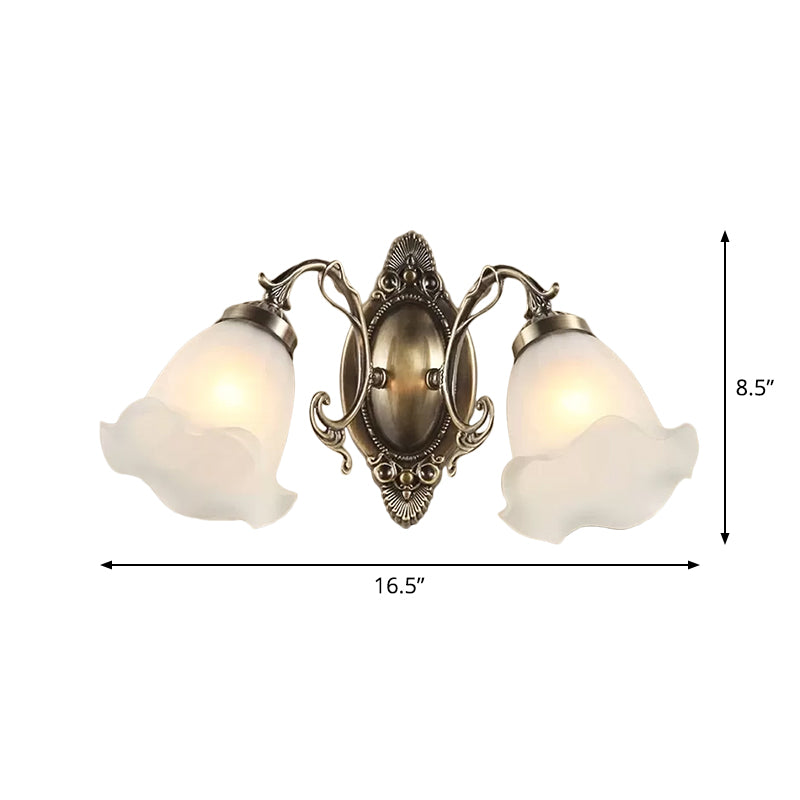 Frosted Glass Wall Lamp In Countryside Bronze: Elegant Flower Design For Living Room Lighting