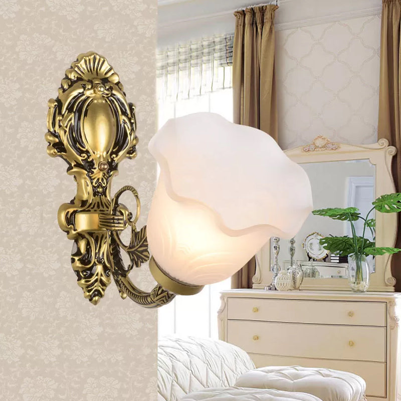 Farmhouse Bronze Wall Sconce With Frosted Glass - Corner Mount 1-Light