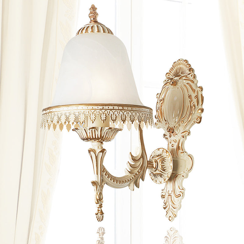 Farmhouse Beige Bell Wall Lamp With Opal Glass And Carved Trim - Perfect Bedroom Sconce