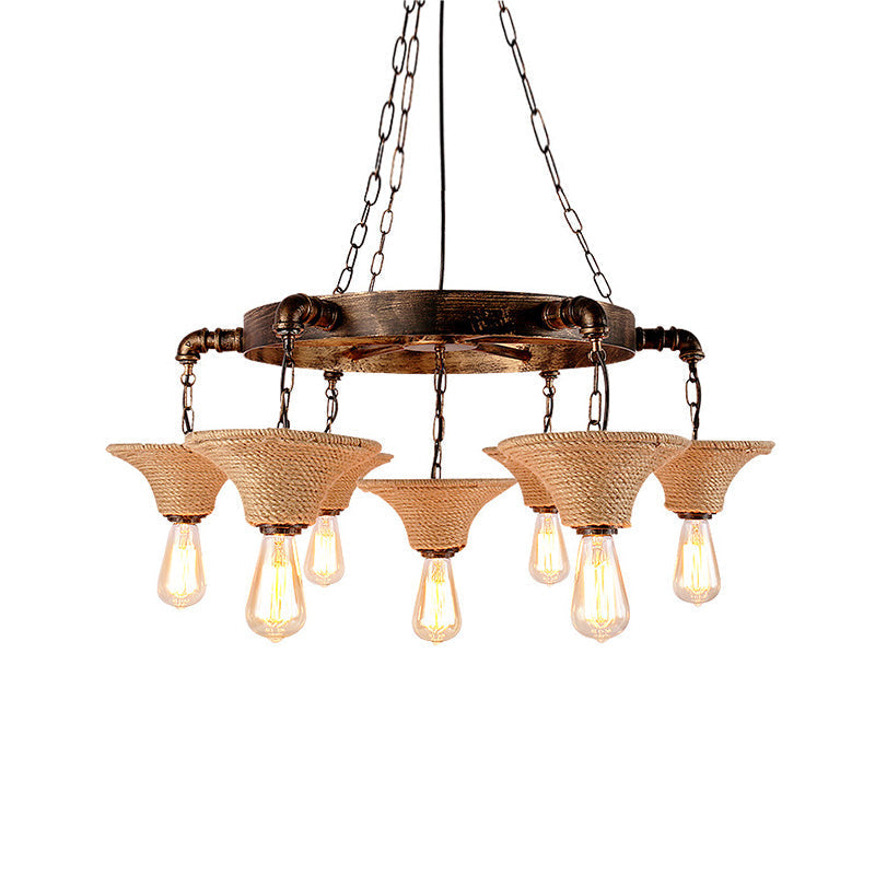 Antique Bronze Rope Chandelier Pendant Light With Cone Shade - Rustic Dining Room Ceiling Lamp 7/9