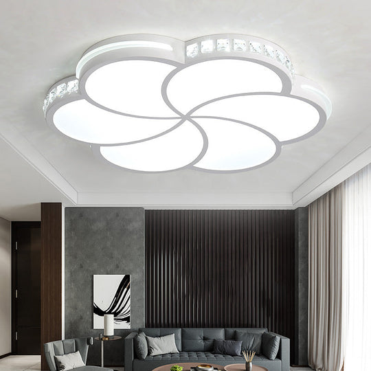 Contemporary Led Flush Ceiling Light: White Flower Design With Clear Crystal Accents For Kids Room /