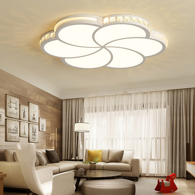Contemporary Led Flush Ceiling Light: White Flower Design With Clear Crystal Accents For Kids Room