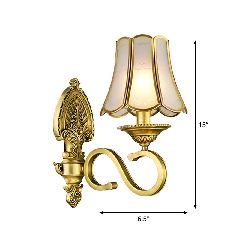 Traditional Polished Brass Flared Wall Sconce With Frosted Glass