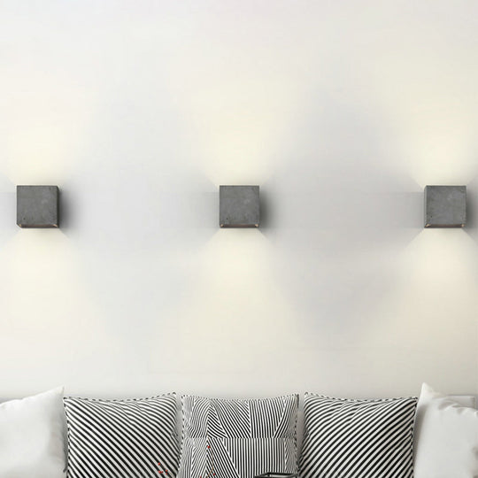 Grey Flush Mount Wall Light Nordic 1 Head - Cube/Cuboid Cement Up & Down Sconce For Stairs 4/5/7