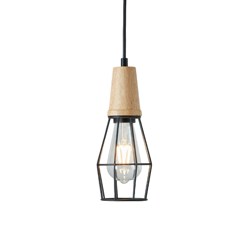 Rustic Iron Cage/Barn/Pot Shaped Pendant Light With Wood Socket - Black 1-Bulb Perfect For