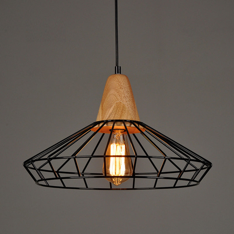 Rustic Iron Cage/Barn/Pot Shaped Pendant Light With Wood Socket - Black 1-Bulb Perfect For