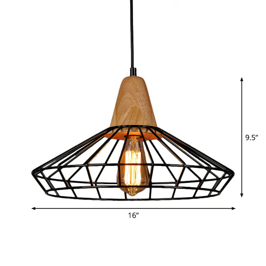 Rustic Iron Cage/Barn/Pot Shaped Pendant Light With Wood Socket - Black 1-Bulb Perfect For