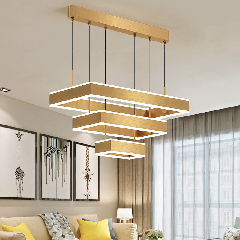 Postmodern Acrylic Gold Finish Led Chandelier - 2/3 Tiers Square/Rectangle Pendant Light For Living