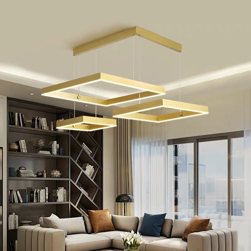 Minimalist Gold/Coffee 3-Head Led Pendant Light With Square Acrylic Shade - Warm/White For Living