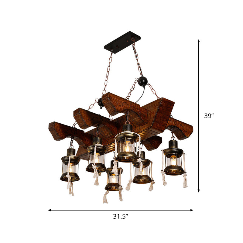 Industrial Clear Glass Chandelier With Wood Accents For Restaurant Ceiling - 4/6 Heads Lantern