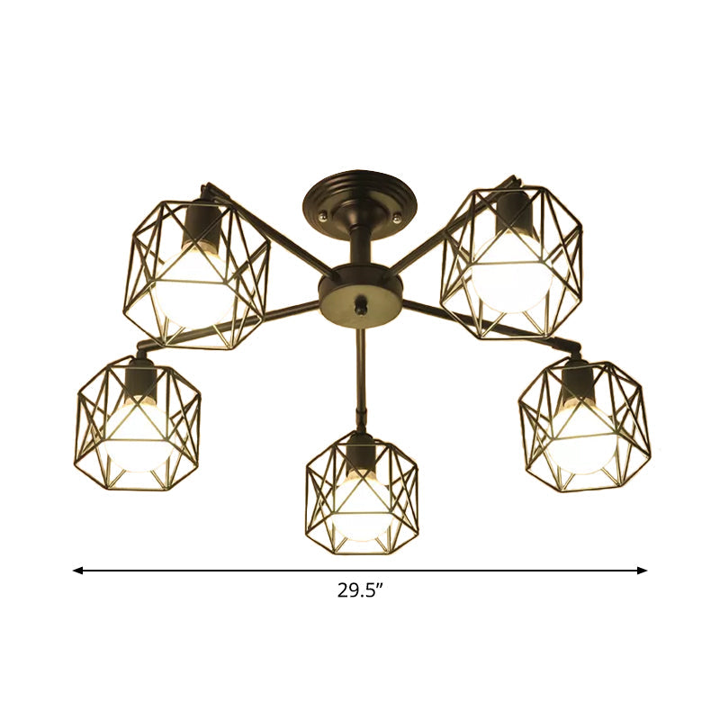 Iron Wire Cage Rotating Ceiling Chandelier - Warehouse Pendant Lamp 4/6/8-Light In Black