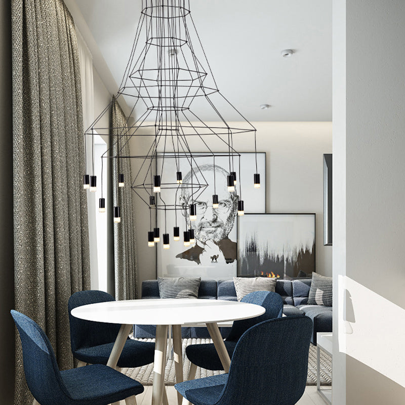 Industrial Black Hexagonal/Long Column Pendant Light - Modern 3D Structure With 4/6/8 Heads Ideal